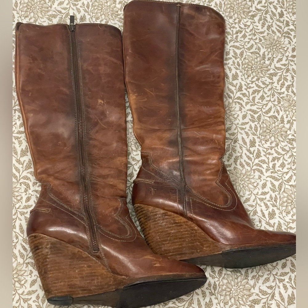Frye Cece Tall Wedge Brown Distressed Leather Wedge Boots - Size 10